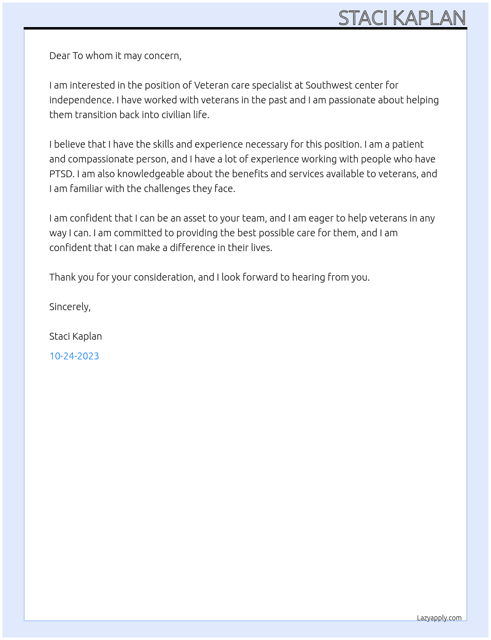Veteran care specialist  At Southwest center for independence  Cover Letter