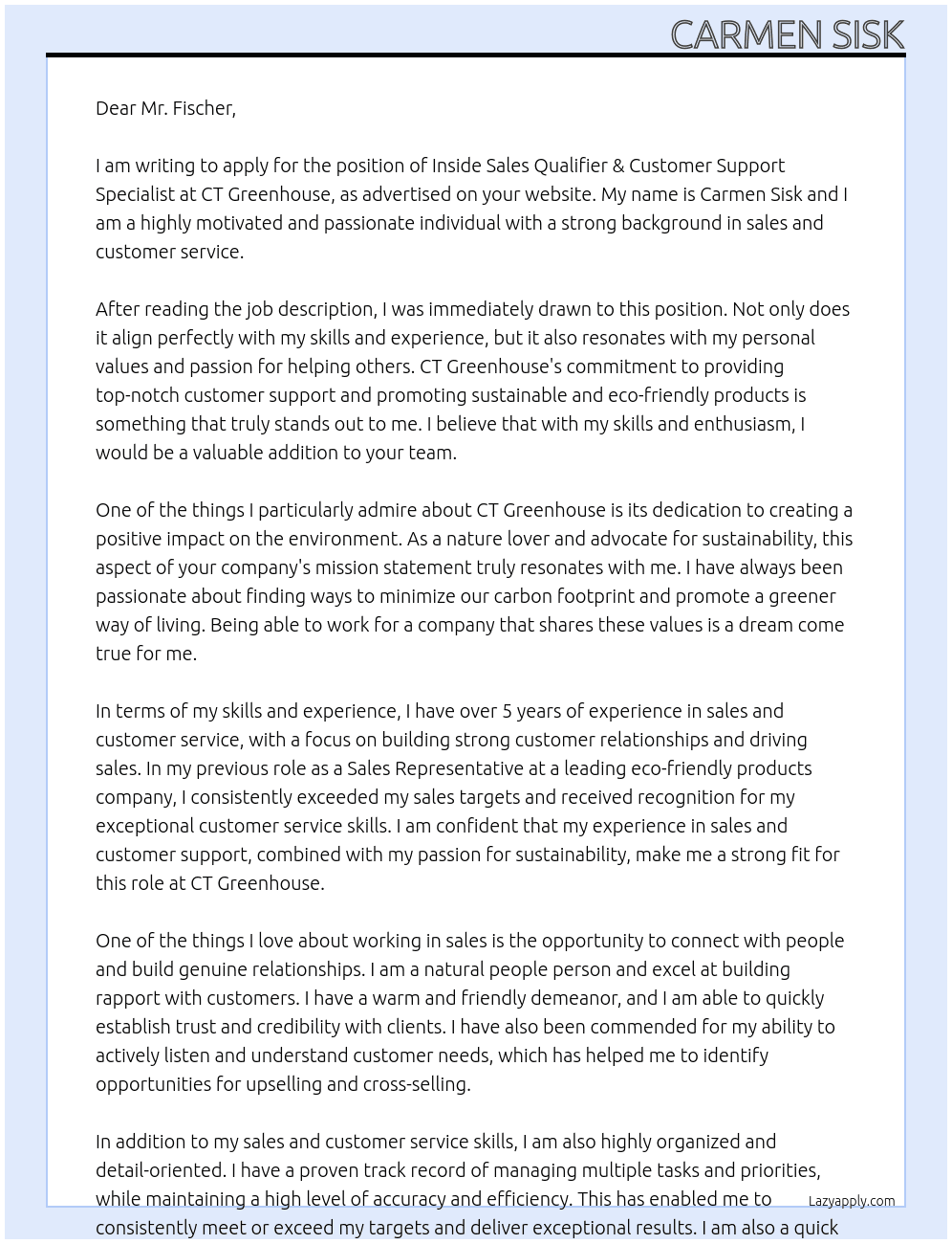/Inside Sales Qualifier & Customer Support Specialist At CT Greenhouse Cover Letter