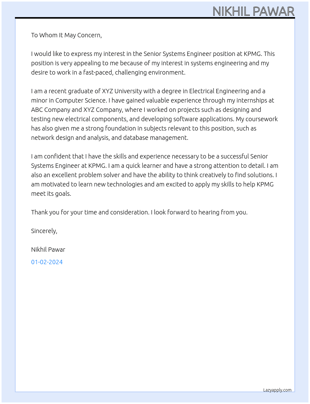 Senior Systems Engineer At KPMG Cover Letter