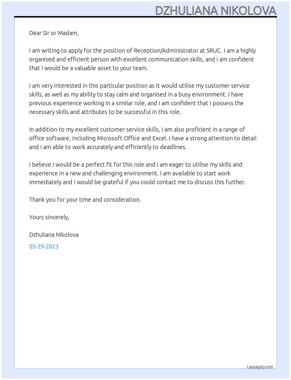 Reception/Administrator At SRUC Cover Letter