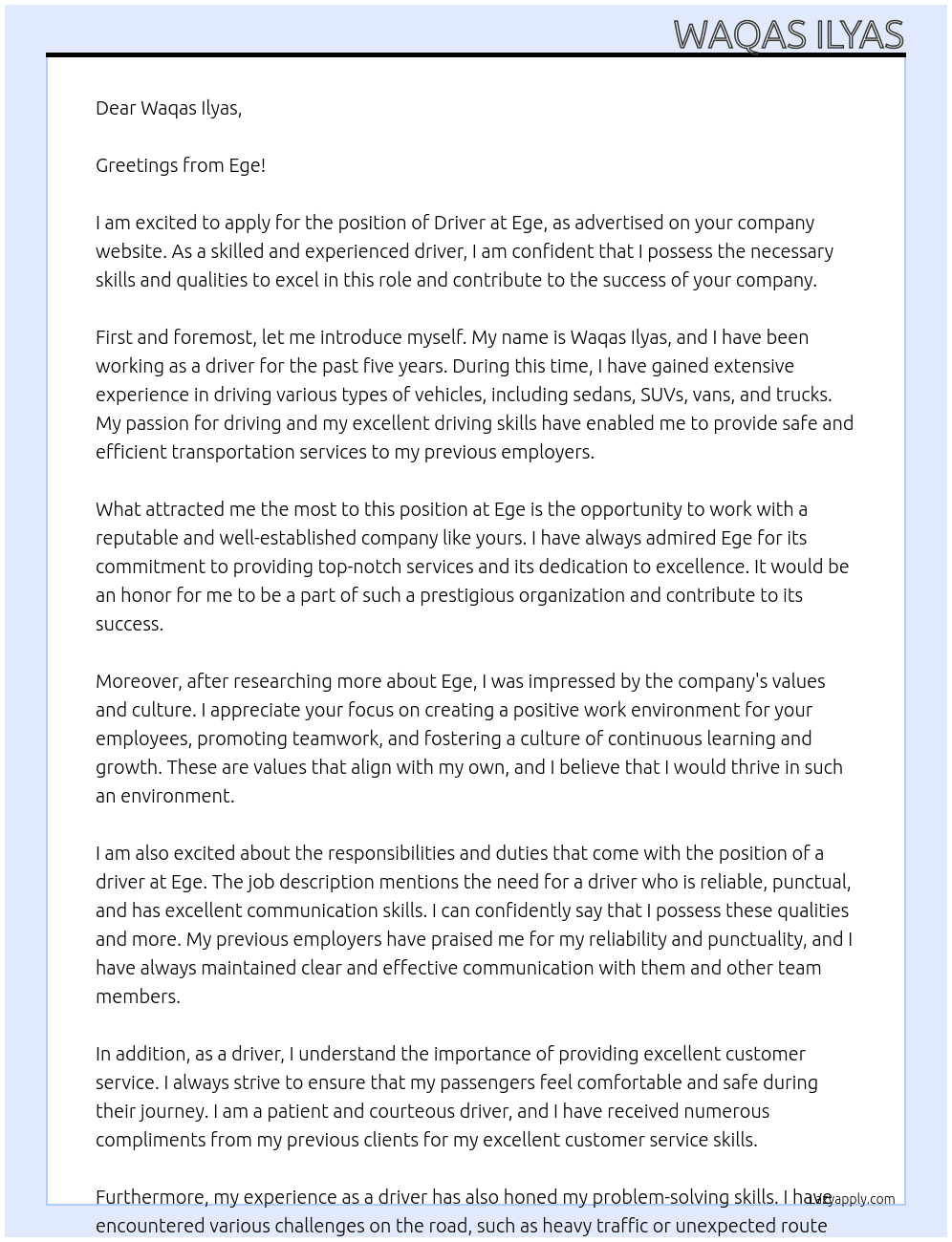 Driver At ege Cover Letter
