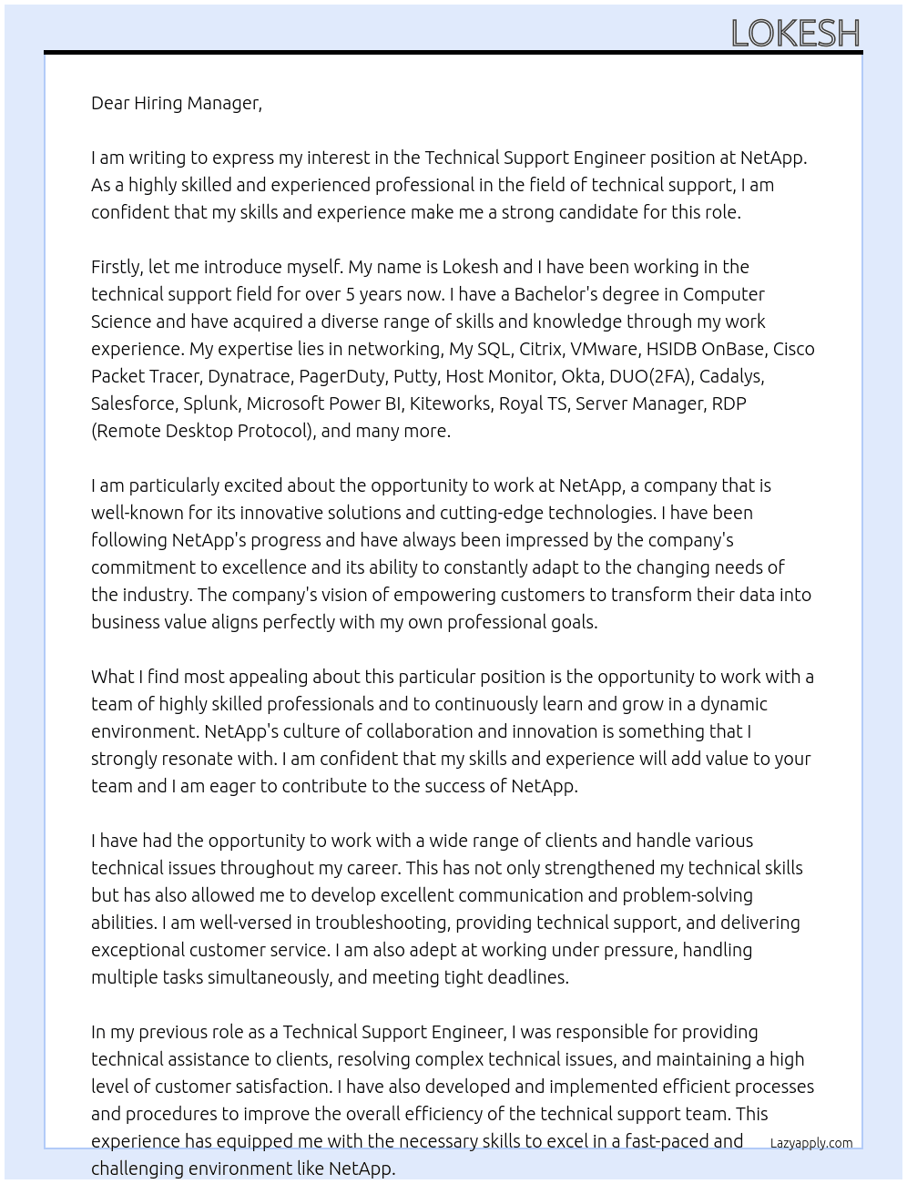 Technical Support Engineer At NetApp Cover Letter