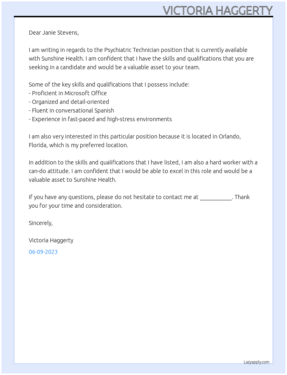Psychiatric Technician At Sunshine Health Cover Letter