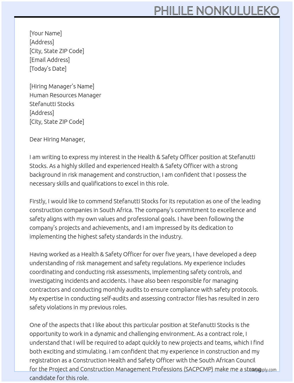 Health & Safety Officer At Stefanutti Stocks Cover Letter
