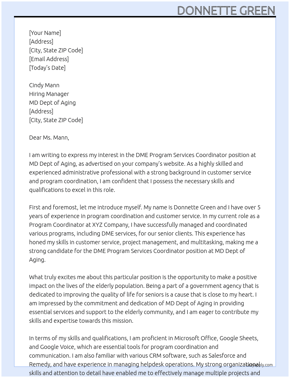 DME Program Services Coordinator At Md Dept of Aging Cover Letter