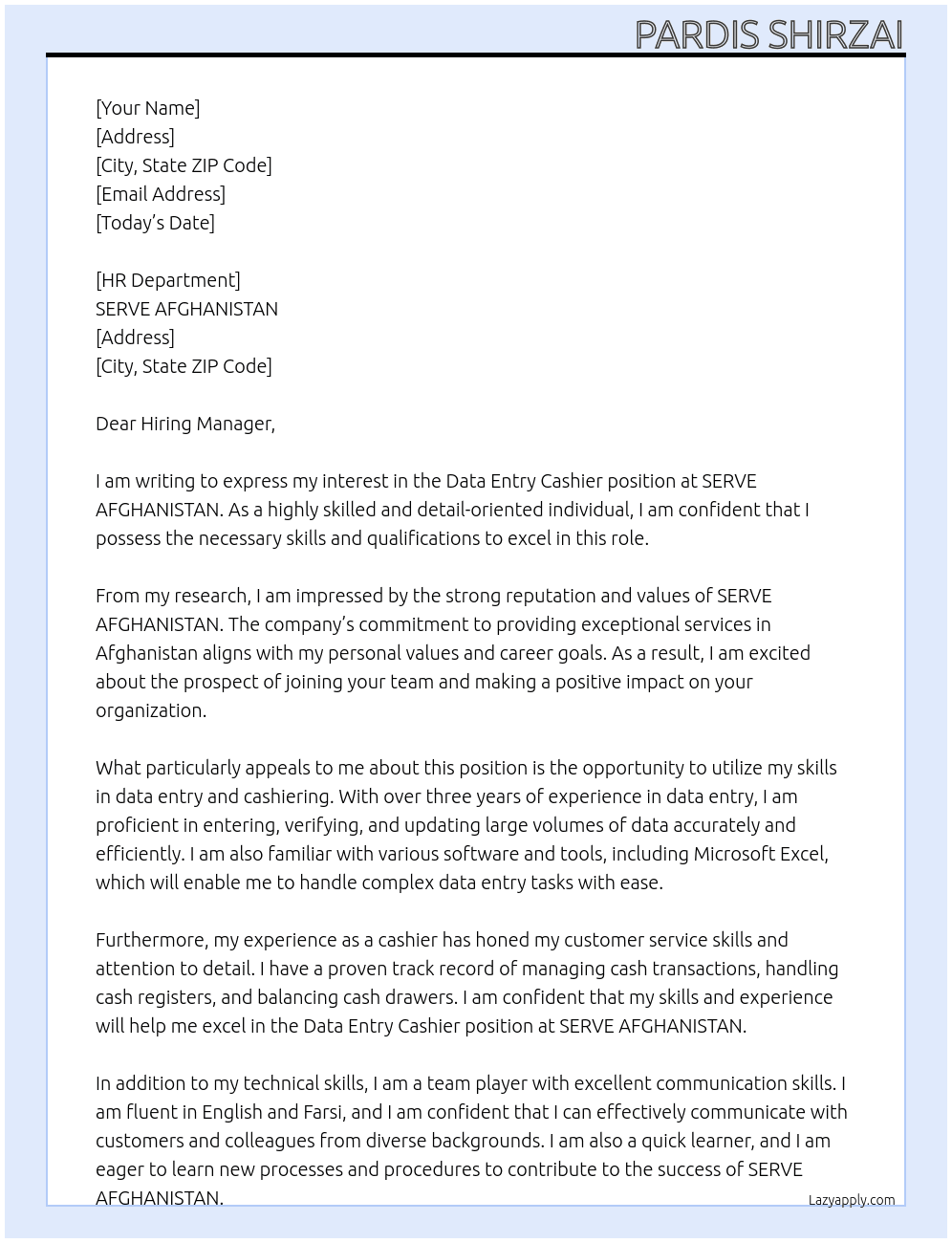 Data Entry Cashier At SERVE aFGHANAISTAN Cover Letter