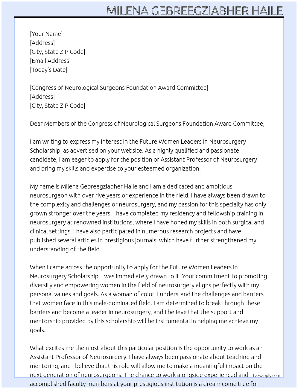 Assistant professor of neurosurgery At congress of neurological surgeons foundation award committee Cover Letter