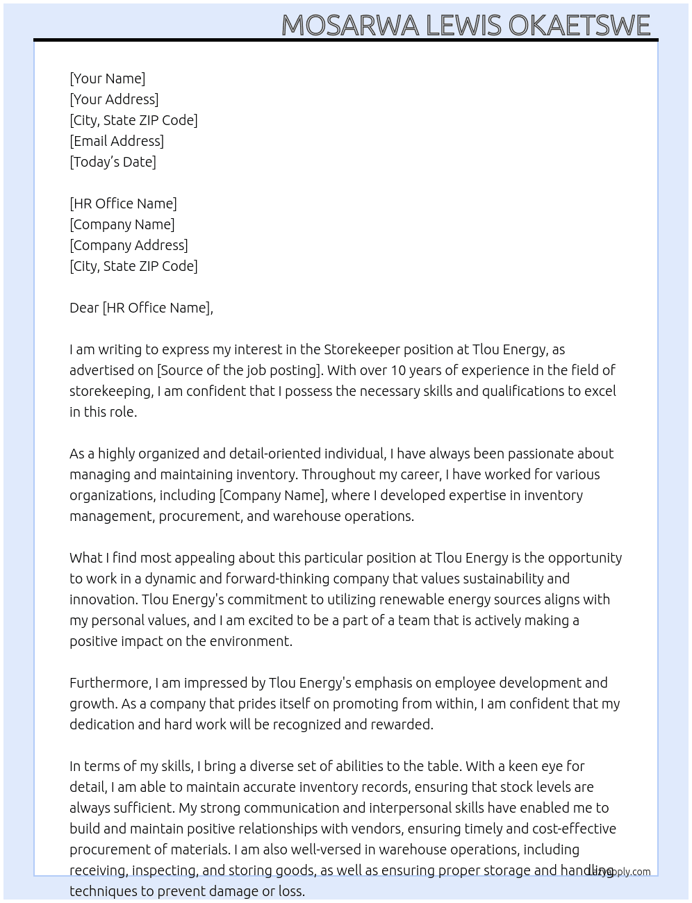 Storekeeper  At Tlou energy  Cover Letter