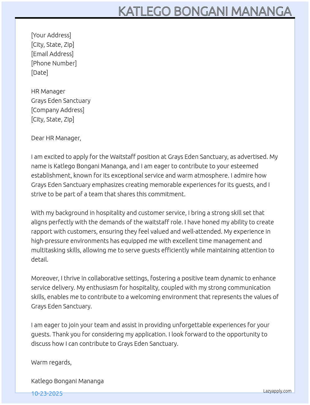 Cover letter for waitstaff - LazyApply