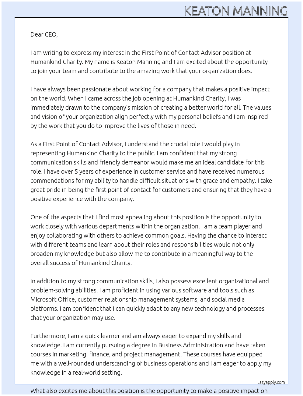 First point of contact advisor At Humankind Charity Cover Letter