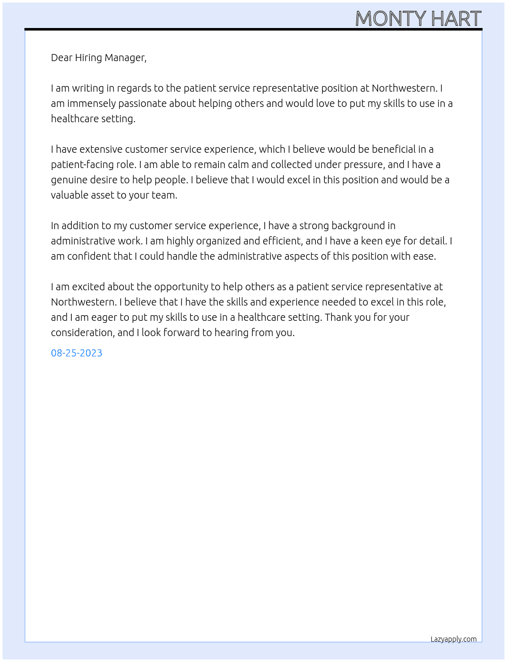 patient service representative At Northwestern  Cover Letter