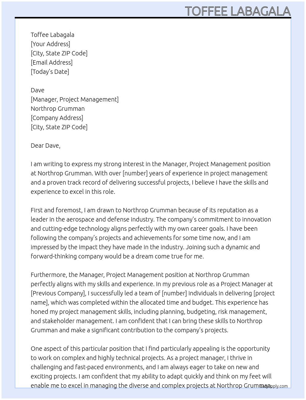 Manager, project management At Northrop Grumman Cover Letter