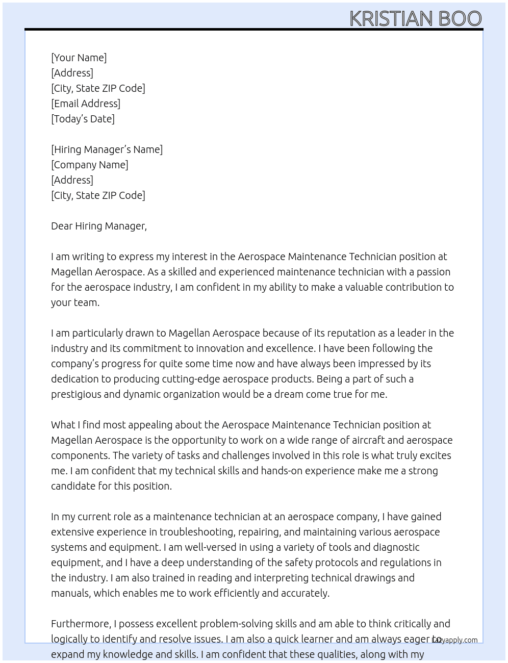 Aerospace Maintenance Technician At Magellan Aerospace Cover Letter