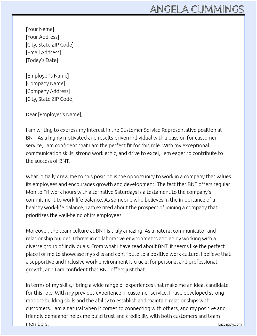 Customer Service Representative At BNT Cover Letter