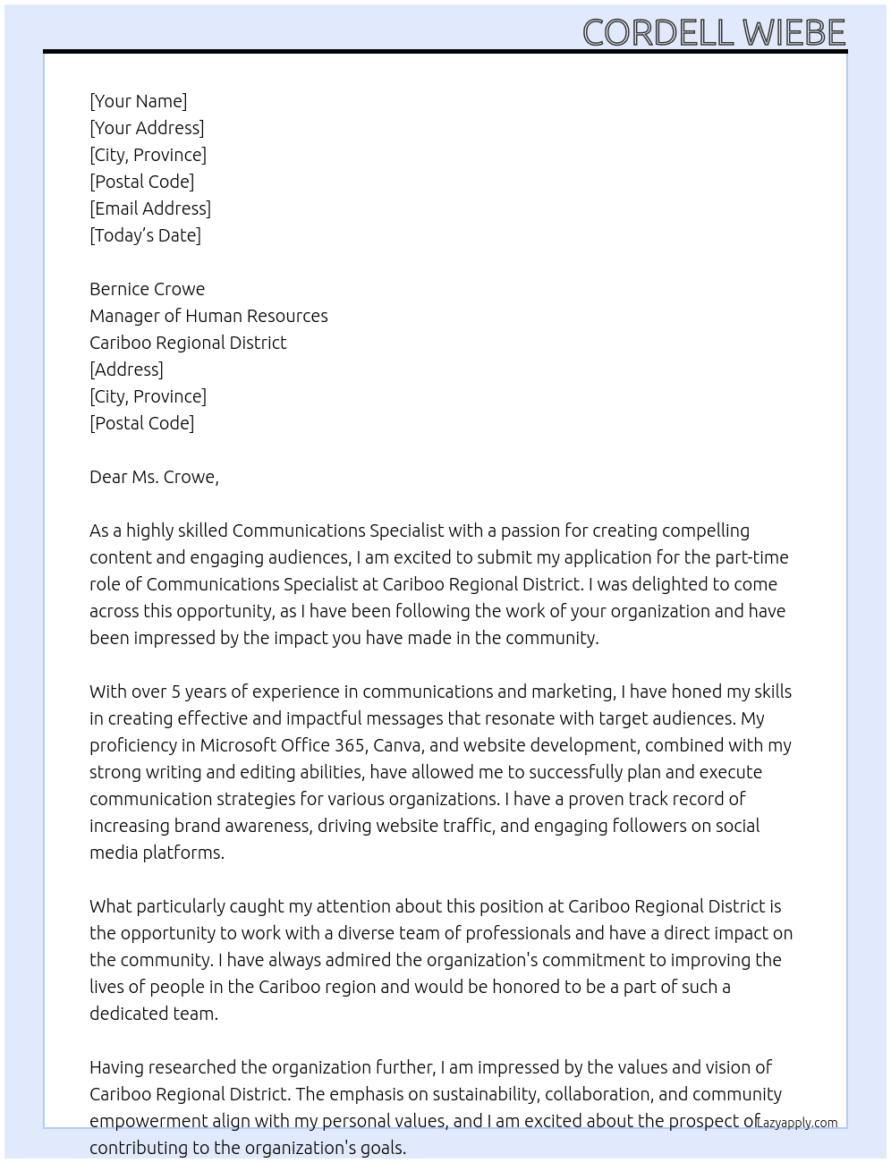 Communications Specialist At Cariboo Regional District Cover Letter