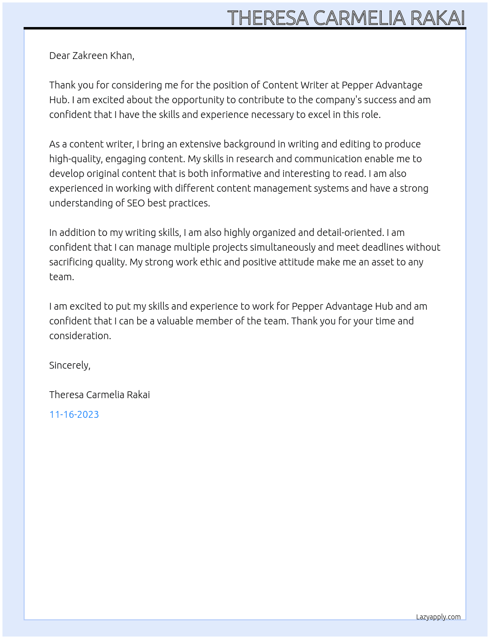 Content Writer At Pepper Advantage Hub Cover Letter
