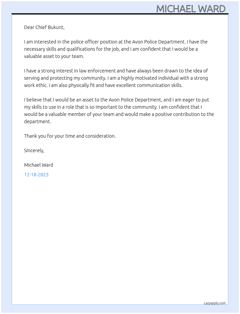 police officer  At Avon Police Department Cover Letter