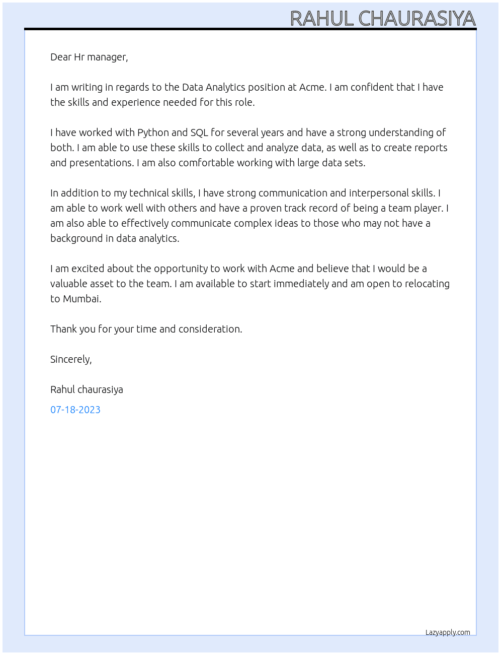 Data analytics At Acme Cover Letter