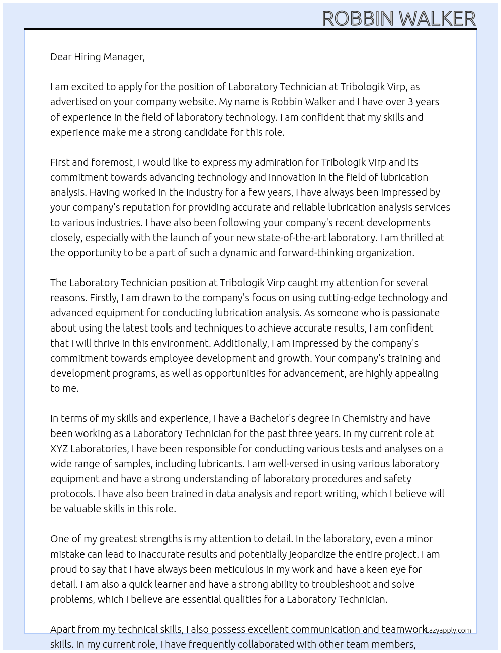 Laboratory technician At Tribologik virp Cover Letter