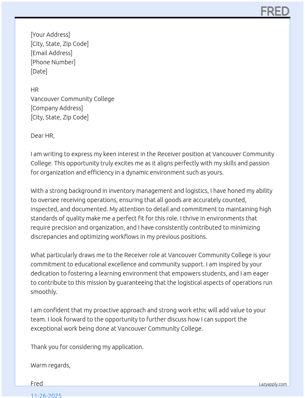 Reciever At Vancouver Community College Cover Letter
