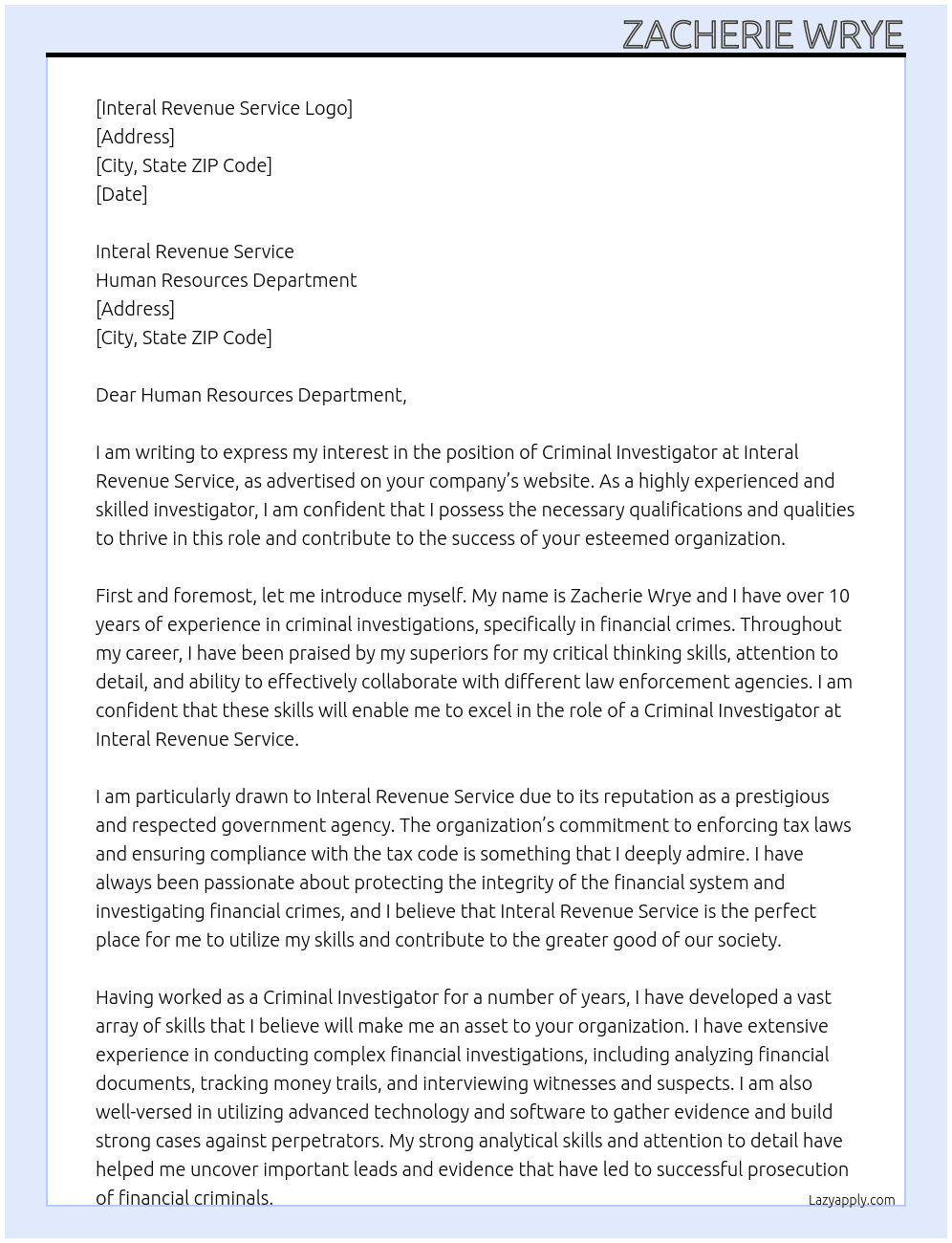 Criminal investigator At Internal revenue service  Cover Letter