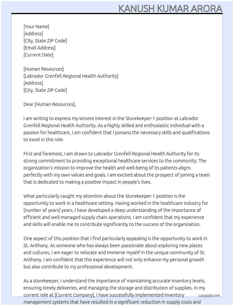 Storekeeper-1 At Labrador Grenfell Regional Health Authority Cover Letter
