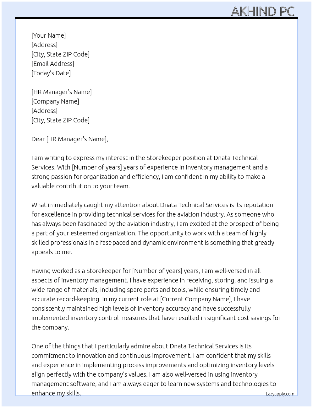 Storekeeper At Dnata technical services Cover Letter