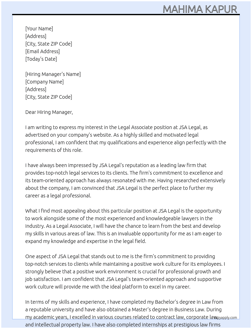 Legal Associate  At JSA Legal  Cover Letter