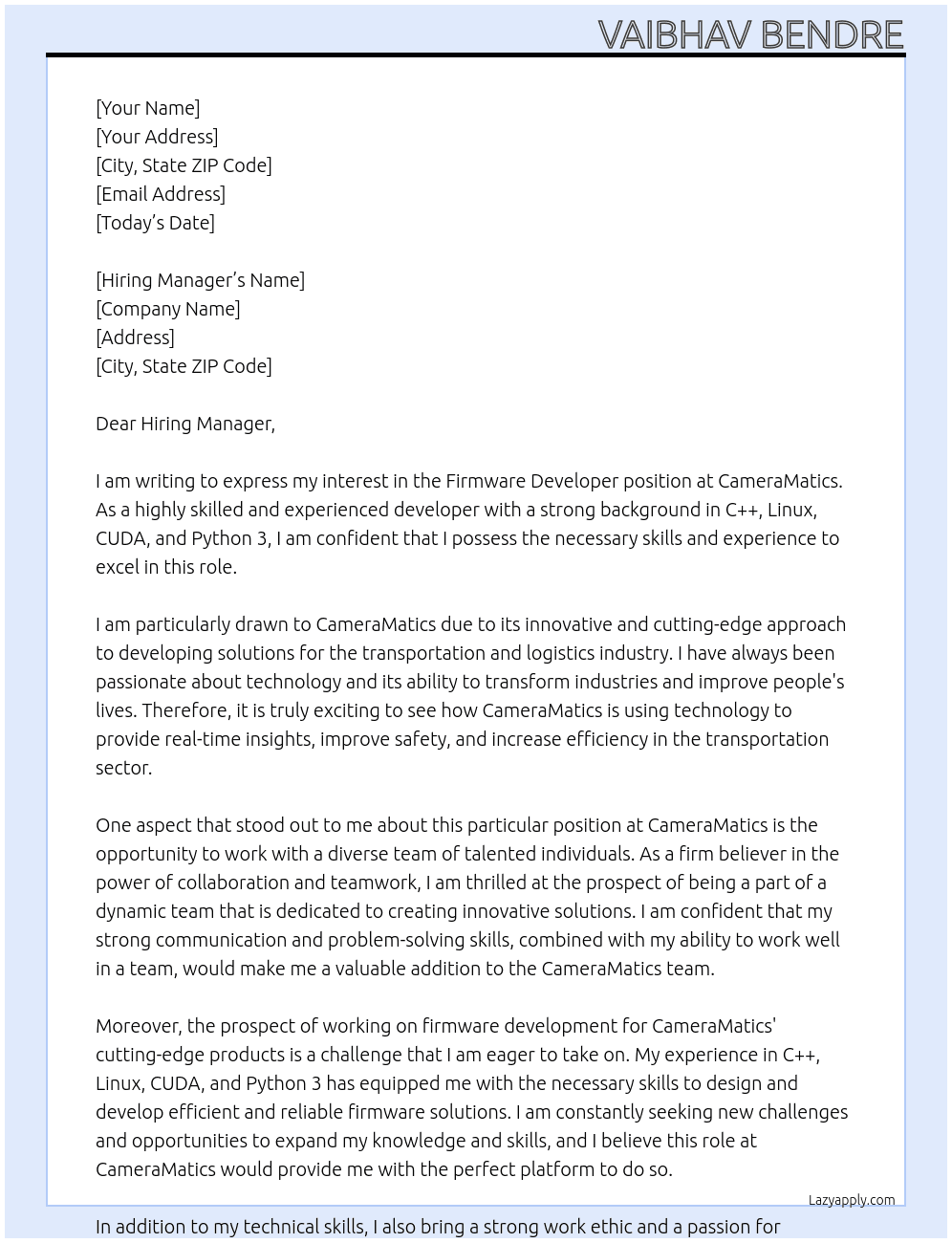 Firmware Developer At CameraMatics Cover Letter