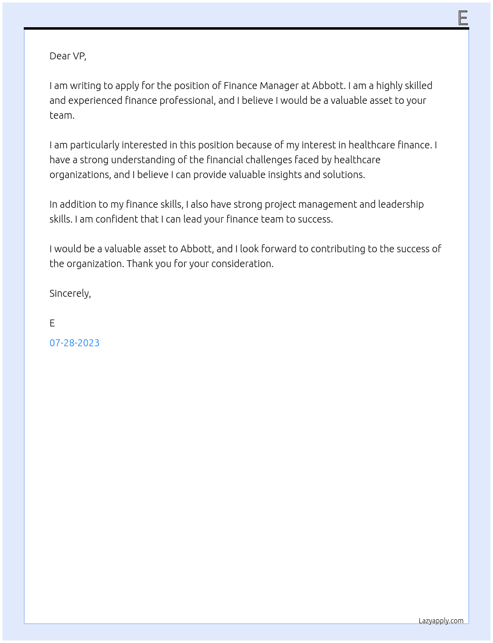 Finance Manager At Abbott Cover Letter