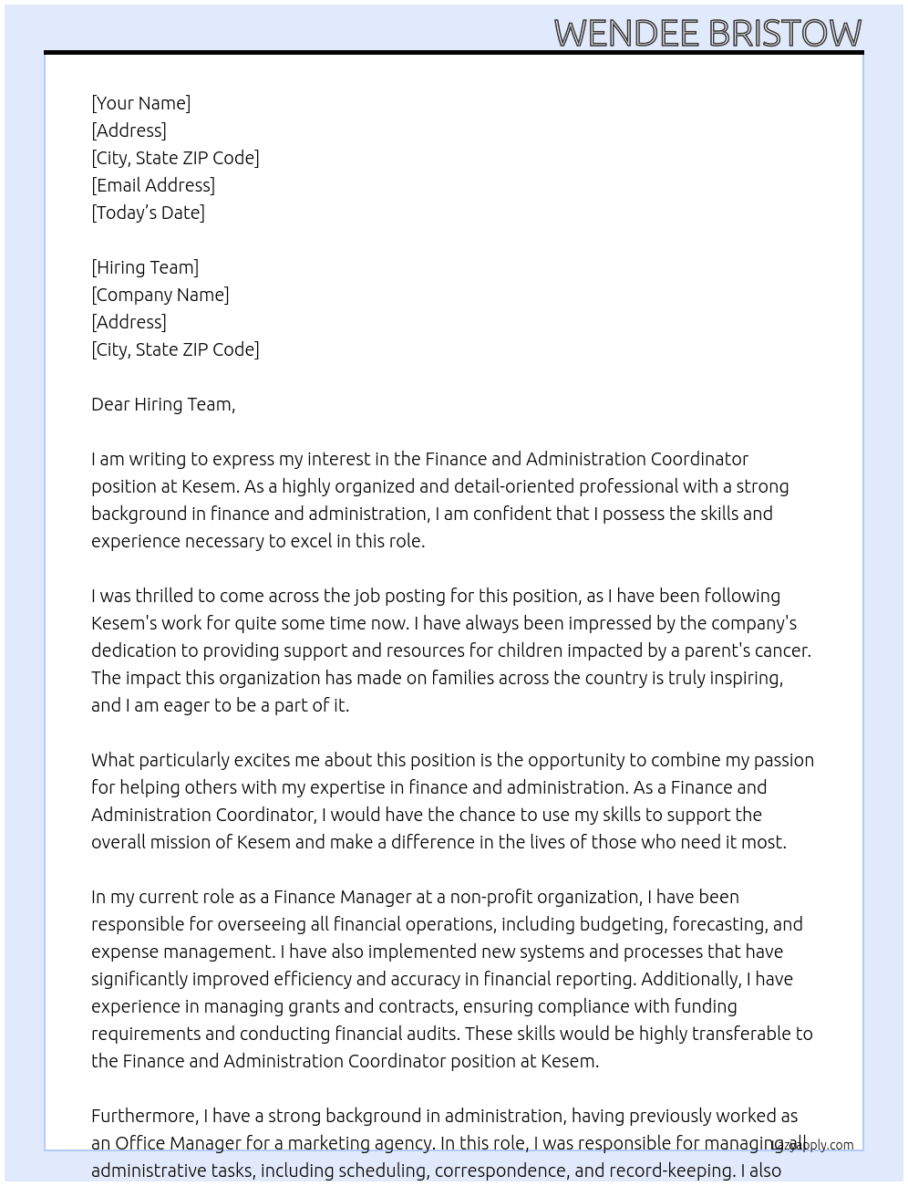 Finance and Administration Coordinator At Kesem Cover Letter