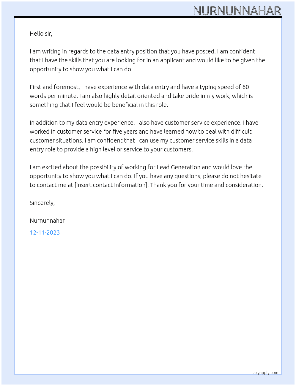 data entry At Lead Generation Cover Letter