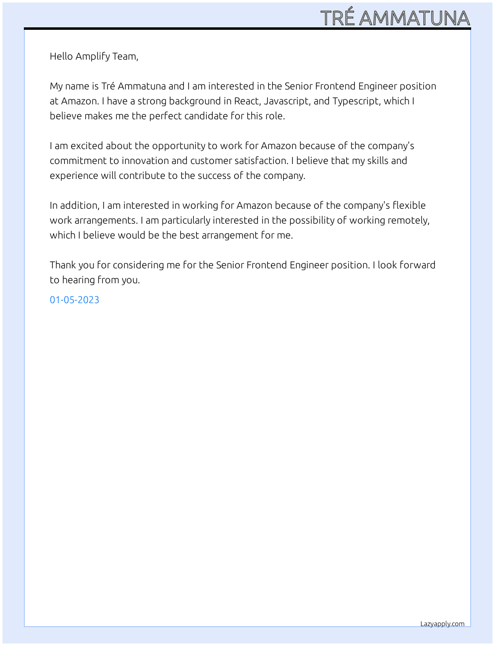 Senior Frontend Engineer At Amazon Cover Letter