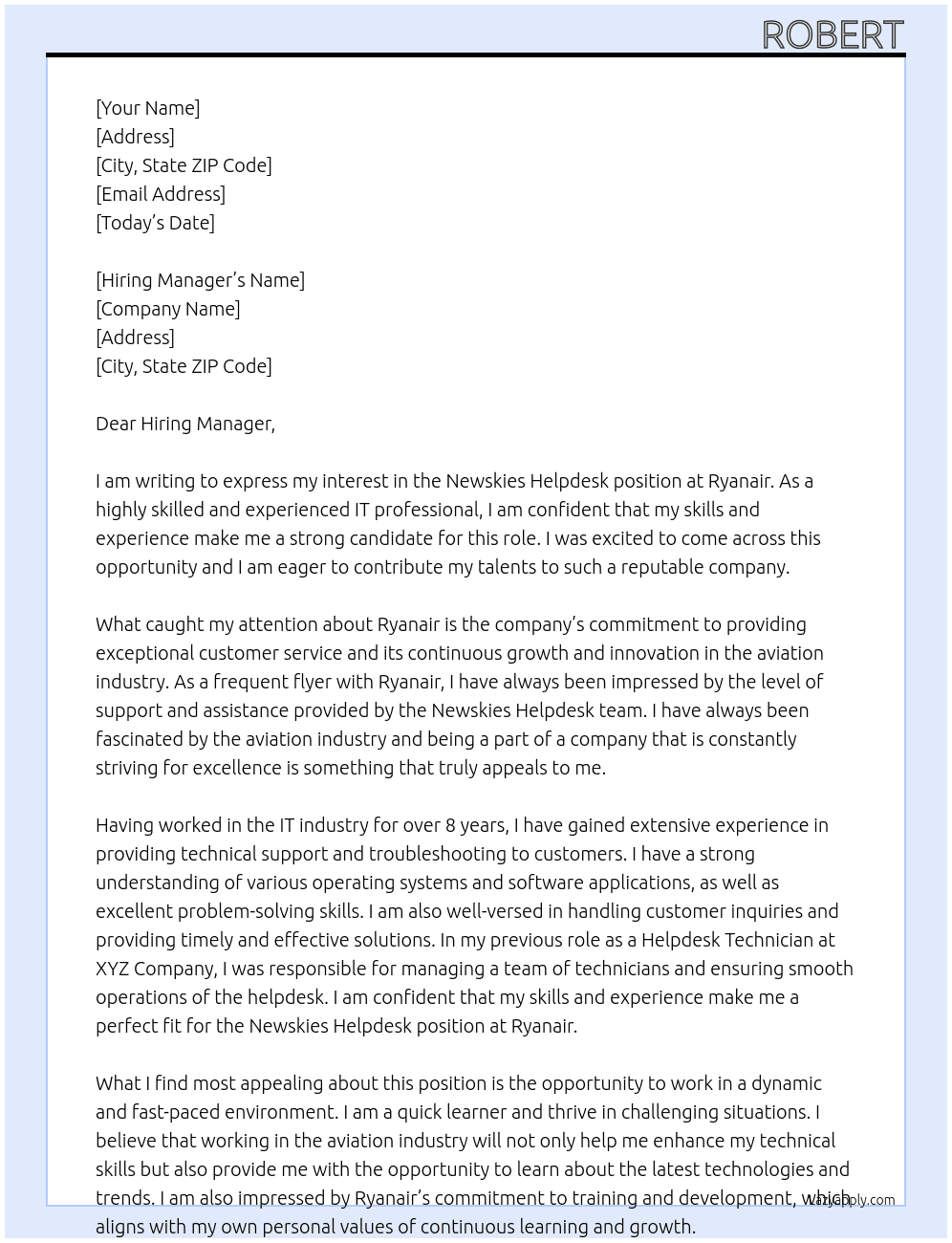 Newskies helpdesk At Ryanair Cover Letter