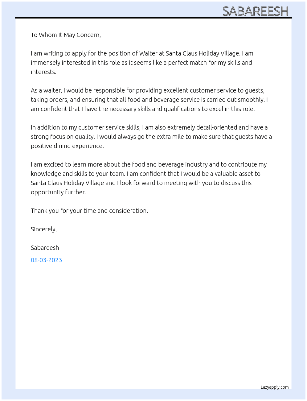 Waiter At Santa Claus Holiday Village Cover Letter