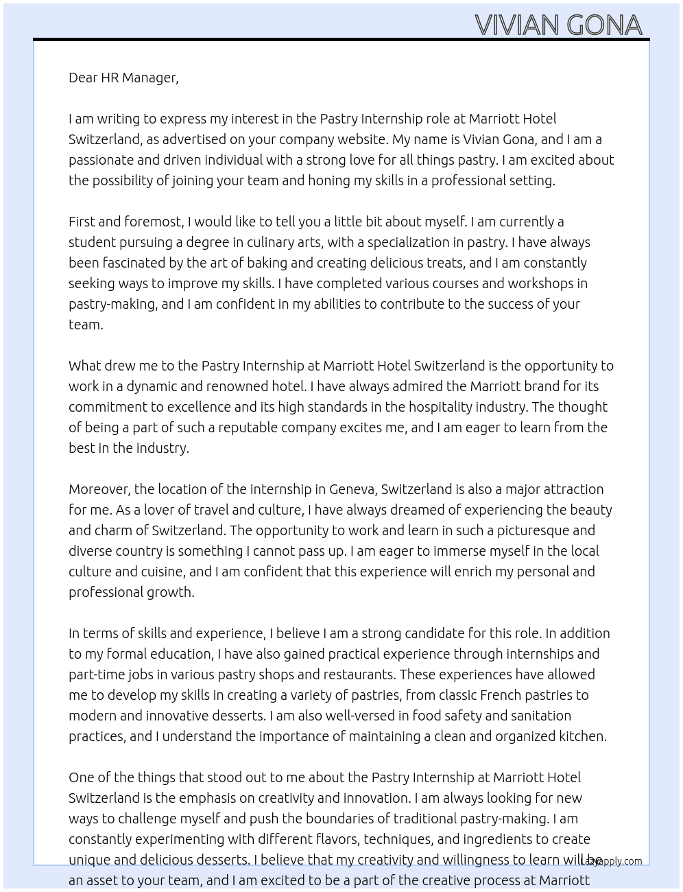 Pastry internship  At Marriott hotel Switzerland  Cover Letter