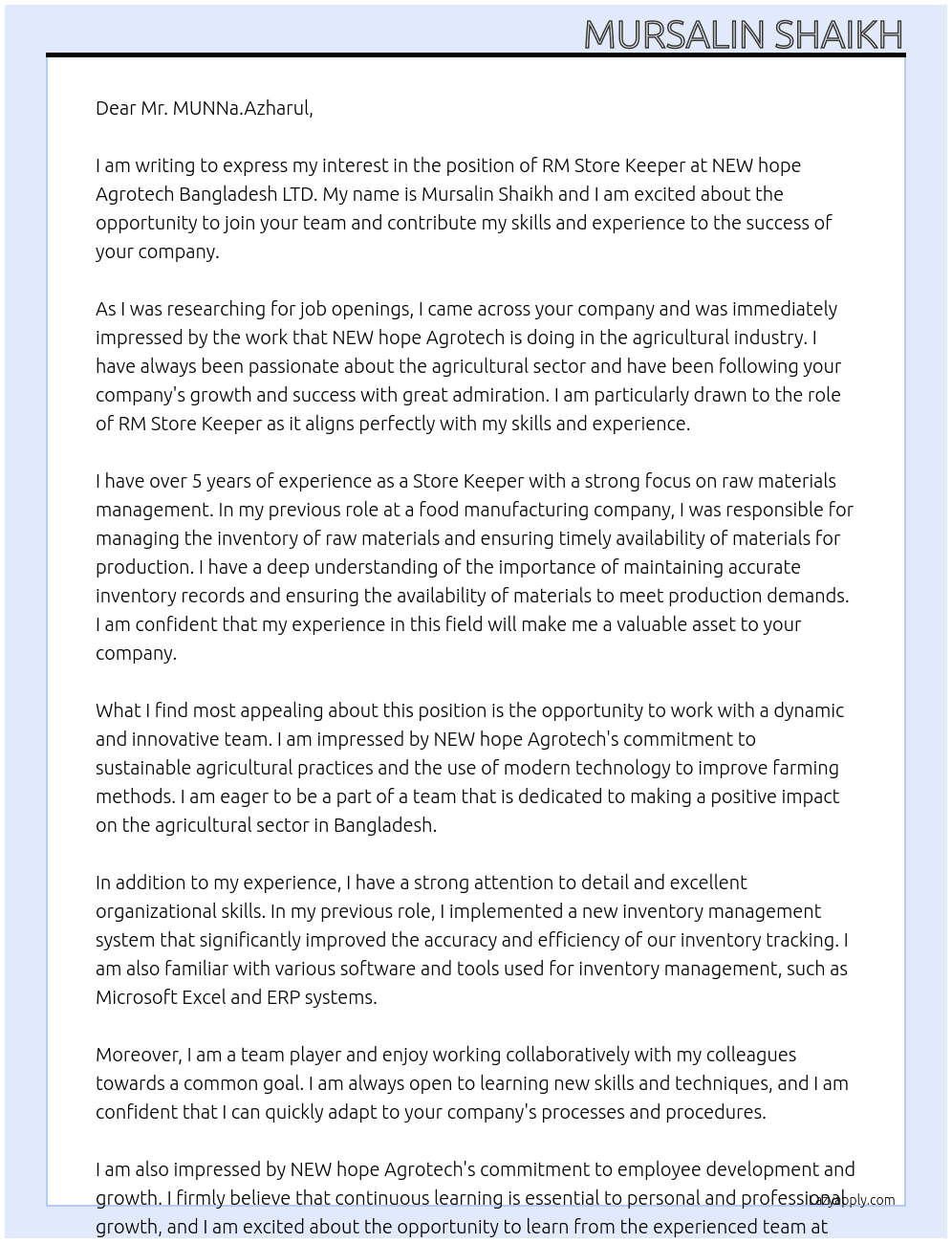 RM Store Keeper At NEW hope Agrotech Bangladesh LTD Cover Letter