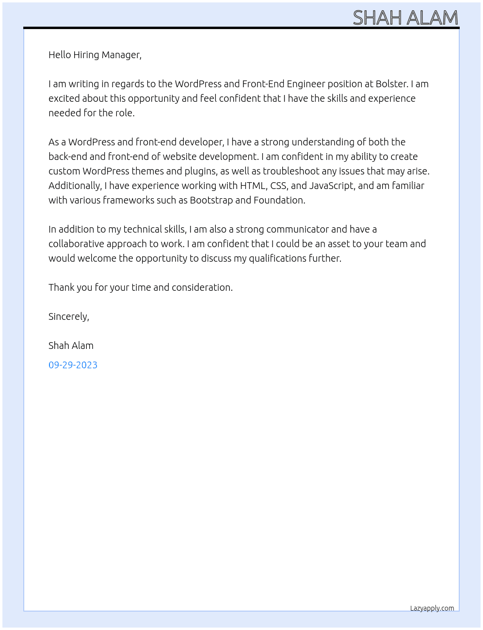 WordPress and Front-End Engineer At Bolster Cover Letter