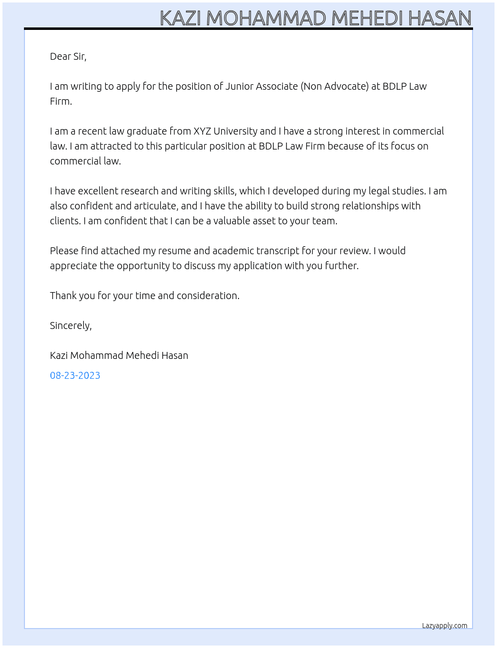 Junior Associate (Non Advocate)  At BDLP Law Firm Cover Letter