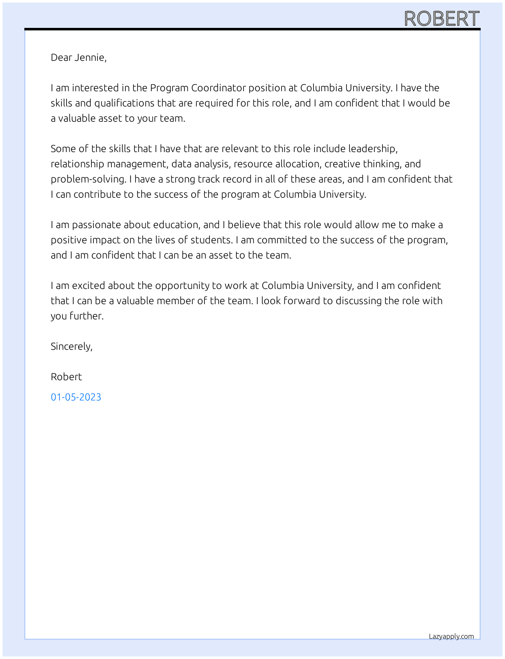 Program Coordinatior At Columbia University Cover Letter