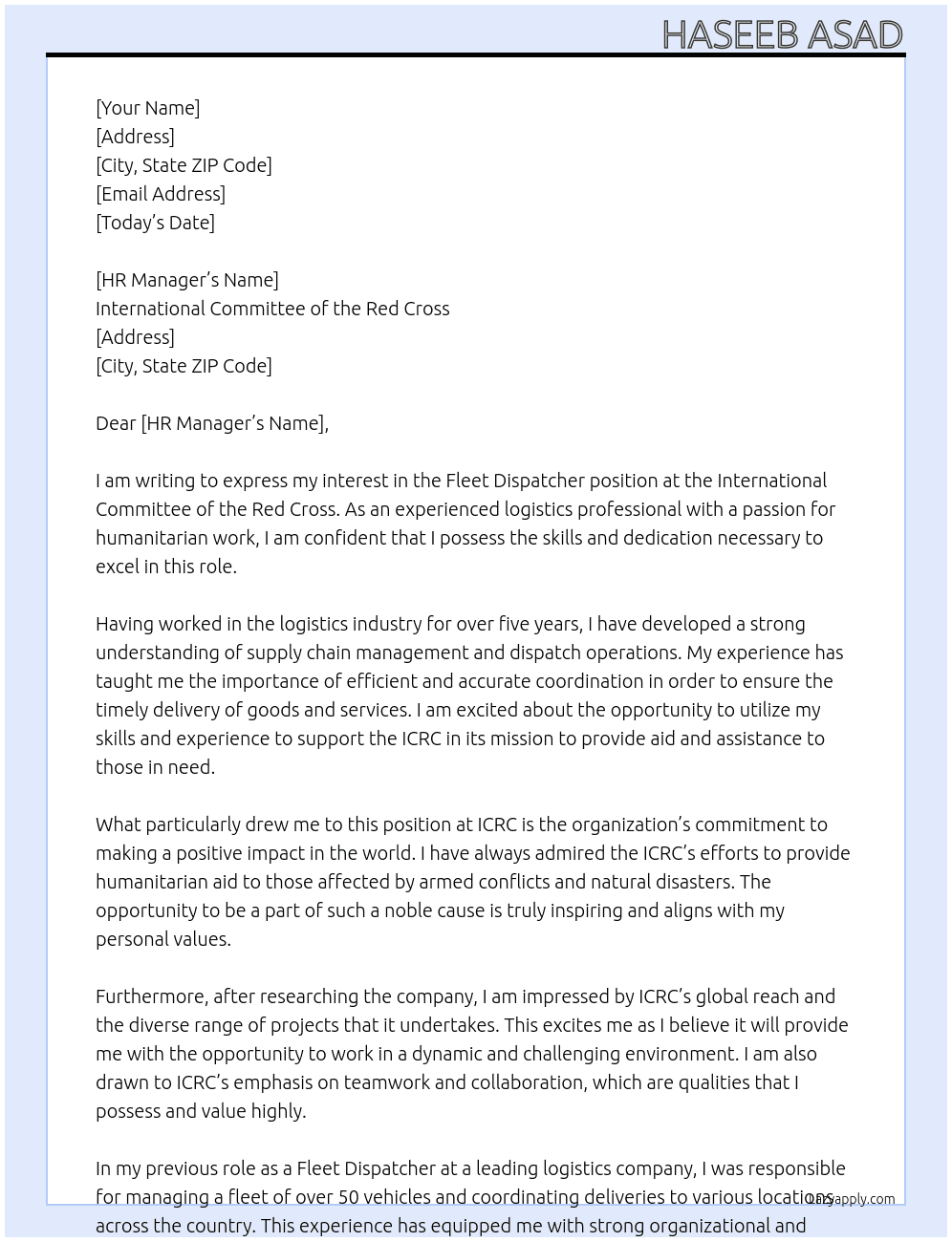 fleet dispatcher At international committee of red cross Cover Letter