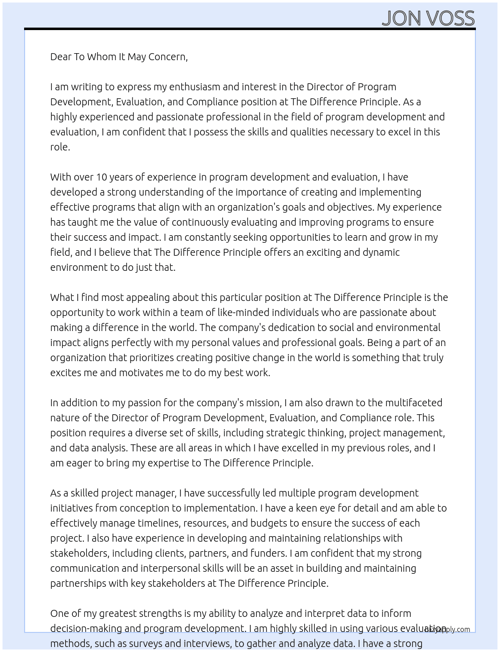 Director of Program Development, Evaluation, and Compliance At The Difference Principle  Cover Letter