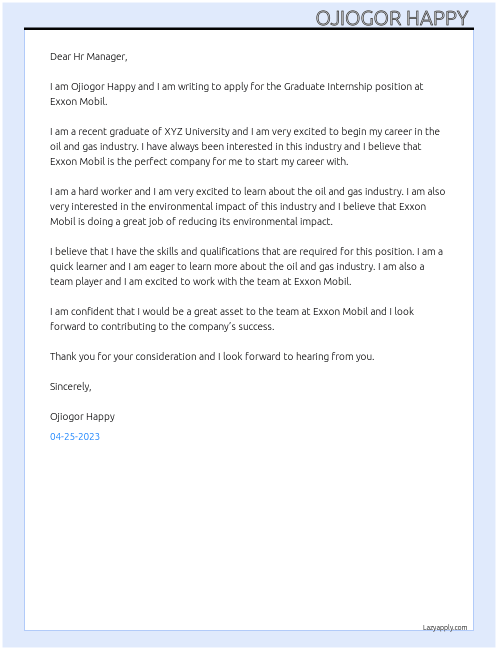 Graduate Internship At Exxon Mobil Cover Letter