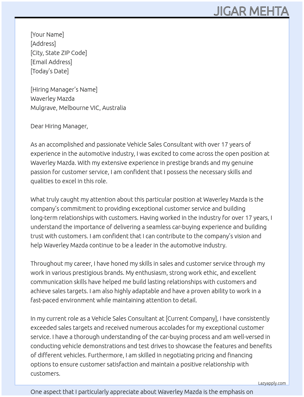 Vehicle Sales Consultant At Waverley Mazda Cover Letter