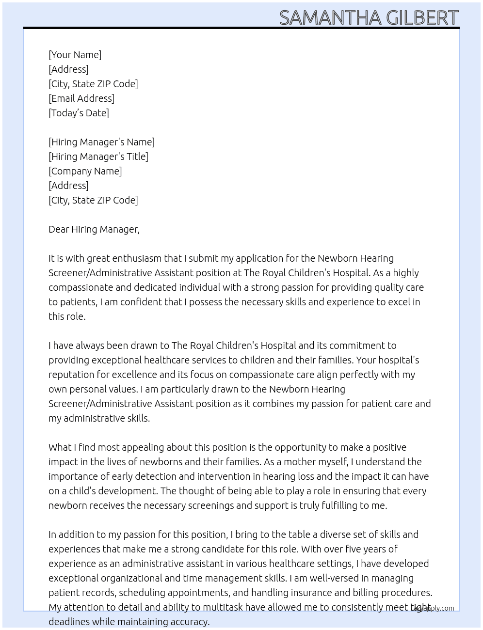 Newborn Hearing Screener/Administrative Assistant  At The Royal Children's Hospital Cover Letter