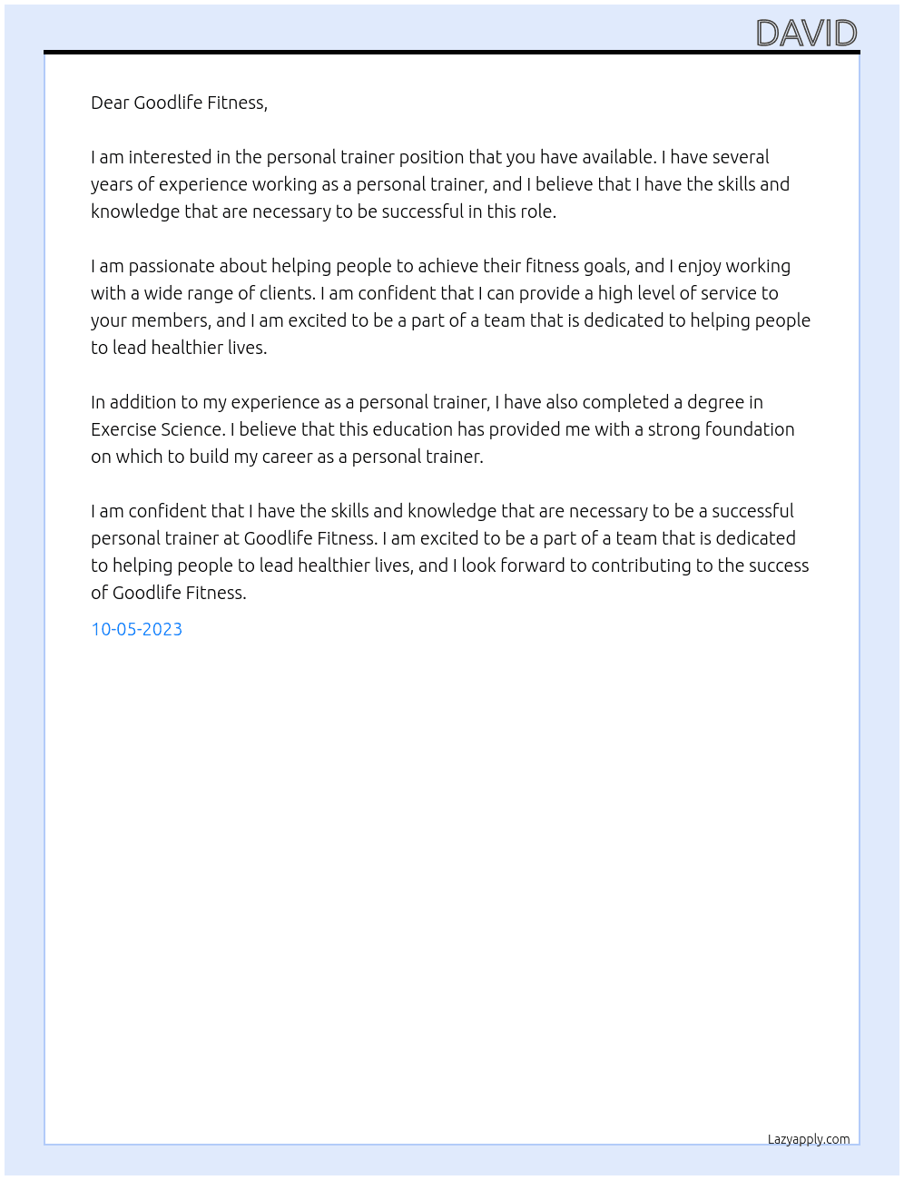 Personal Trainer At Goodlife Fitness Cover Letter