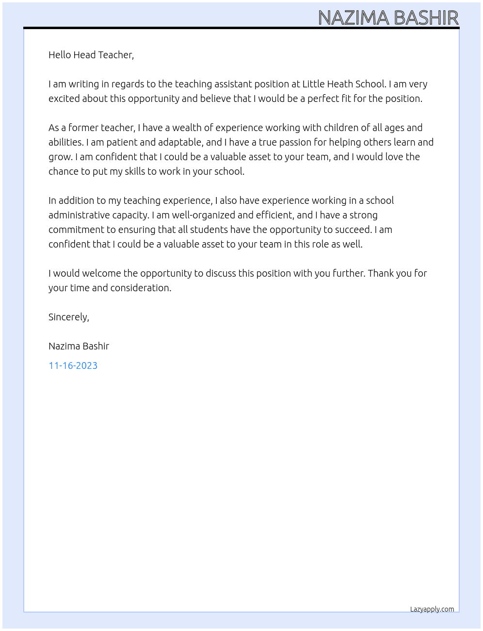 teaching assitant At little heath school Cover Letter