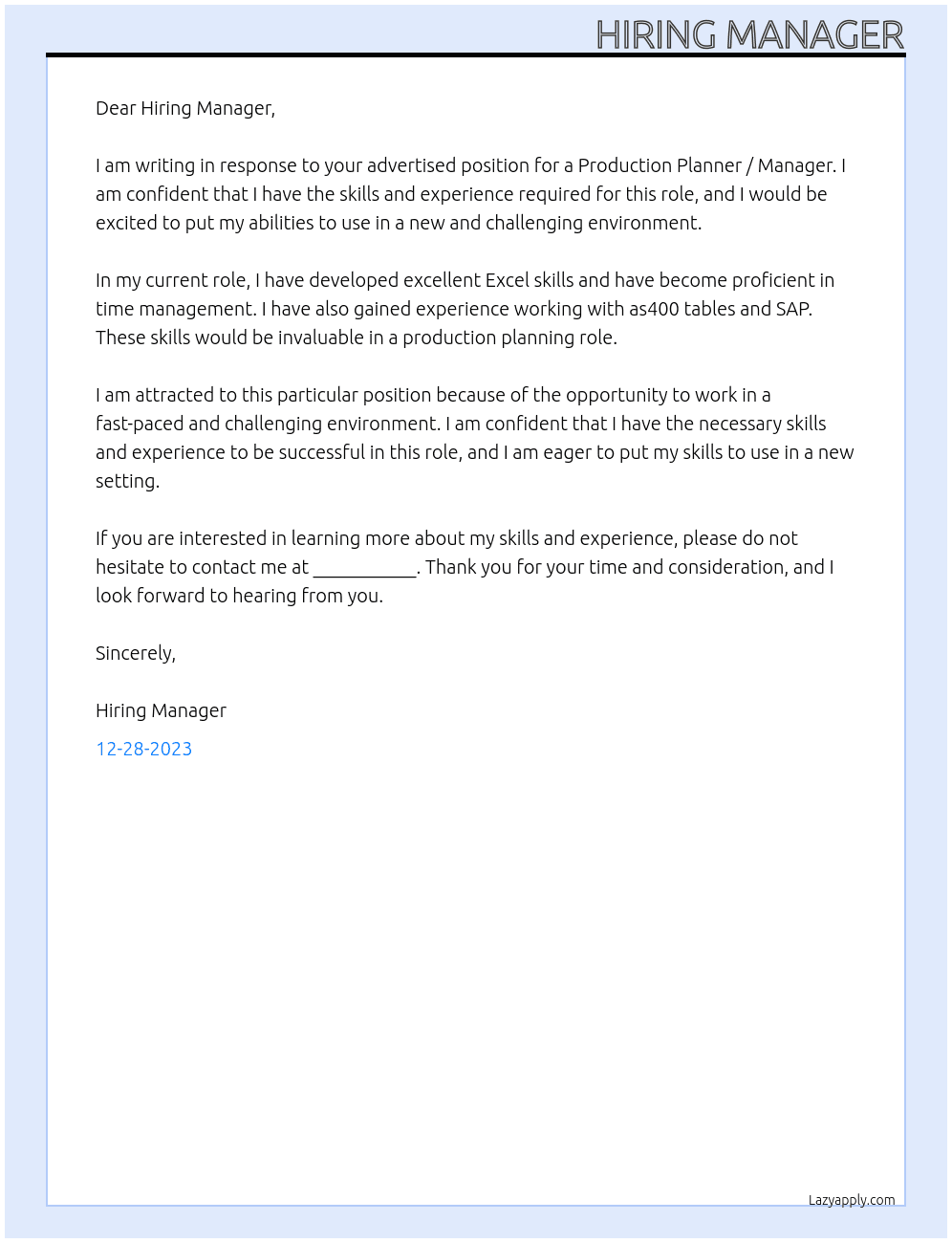 Production Planner / Manager  At Rise technical recruitment Cover Letter