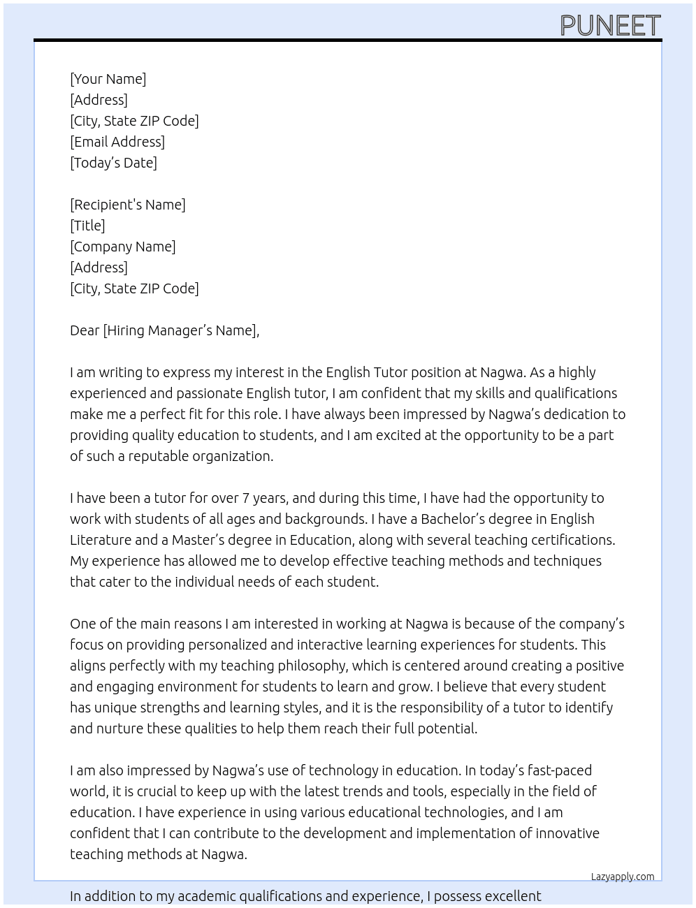 English tutor  At Nagwa Cover Letter