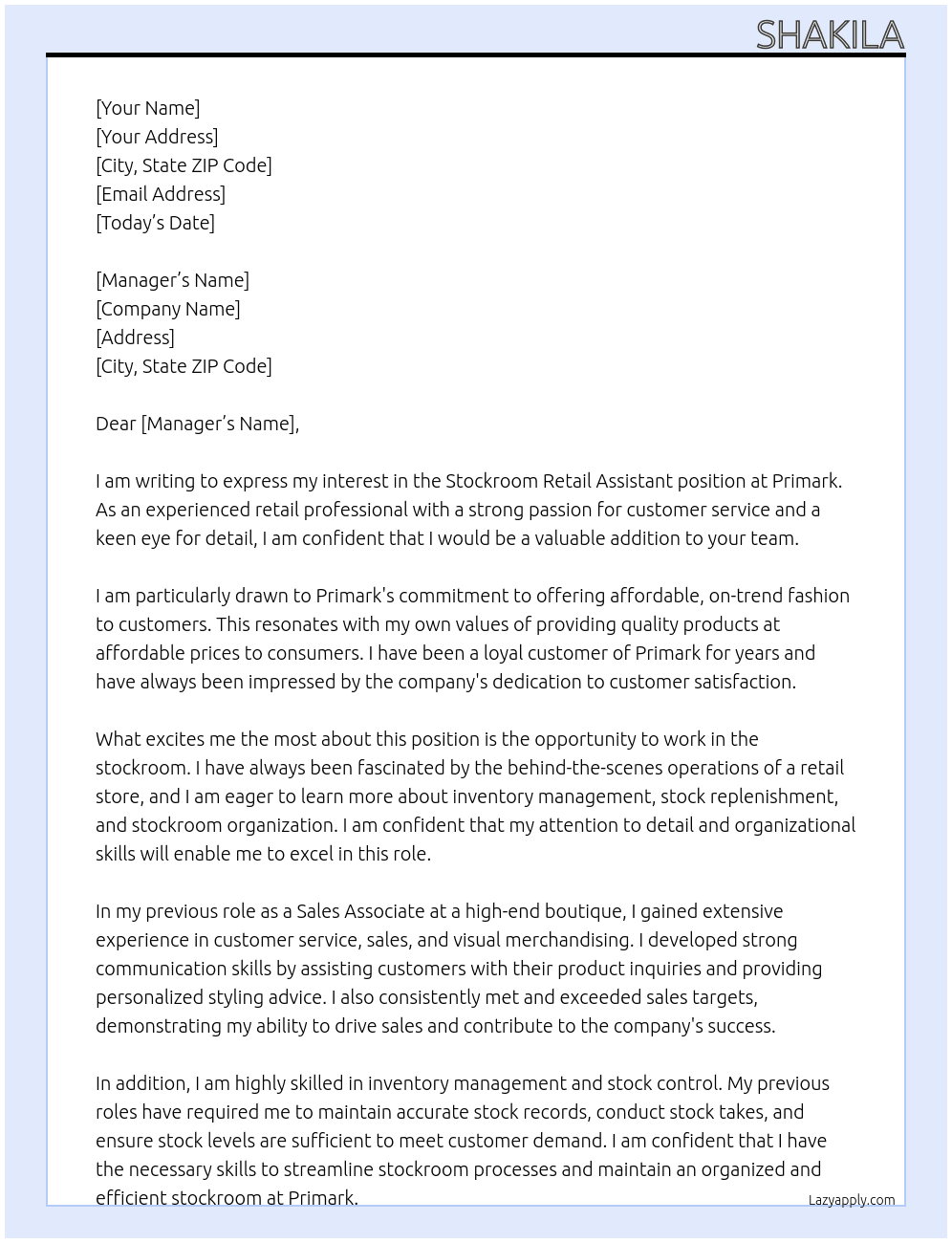 Stockroom Retail Assistant At Primark Cover Letter